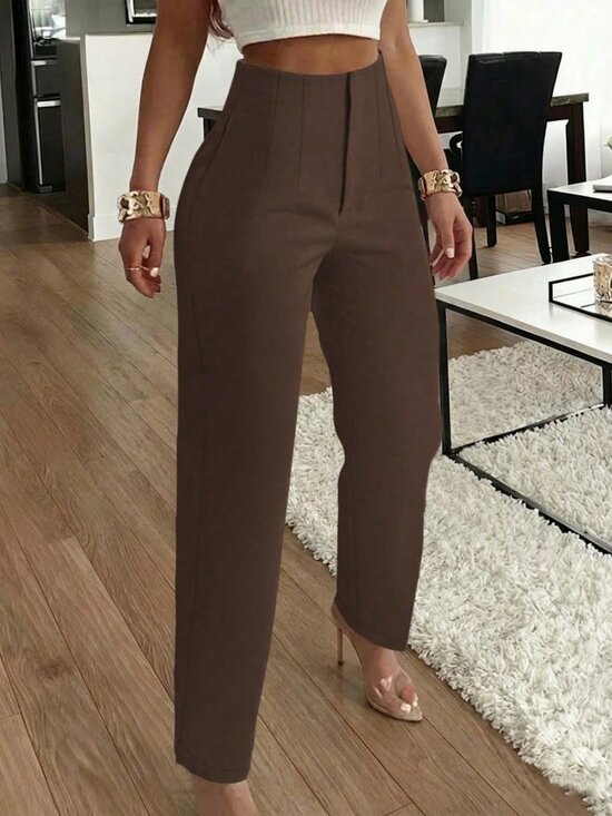 Pants - Coffee Brown Women's Elegant Pleated Side Pocket Slim Fit Pants